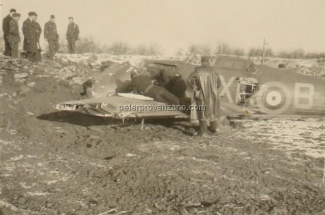 Peter Provenzano Photo Album Image_copy_063.jpg - Shorty (Vernon) Keough's crash. Hawker Hurricane I with 71st Eagle Squadron markings on the side.  RAF Station Kirton Lindsey, winter of 1941.